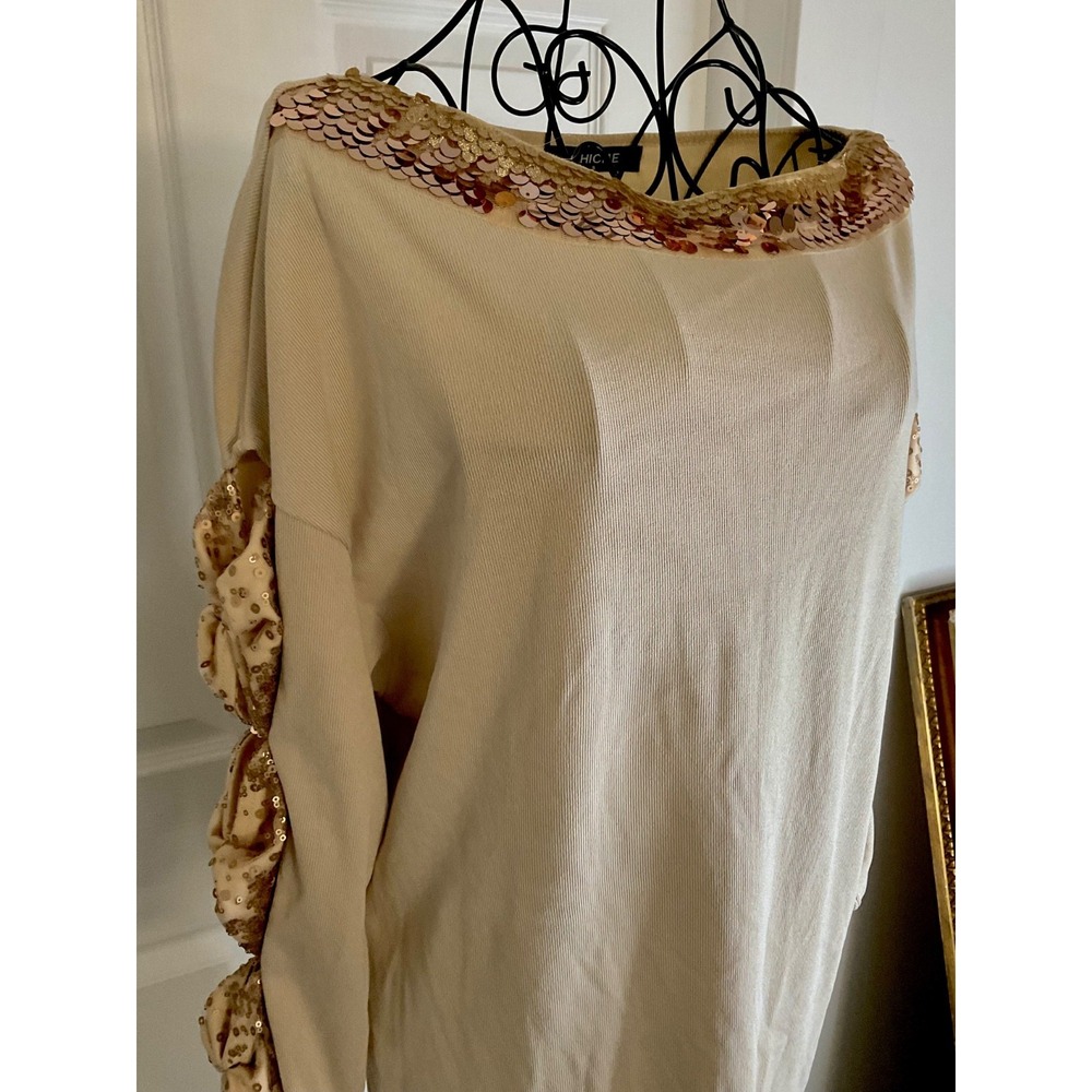 ChicMe Beige Long-sleeved Sequined Sweater Dress Sz S/M - Picture 6 of 11